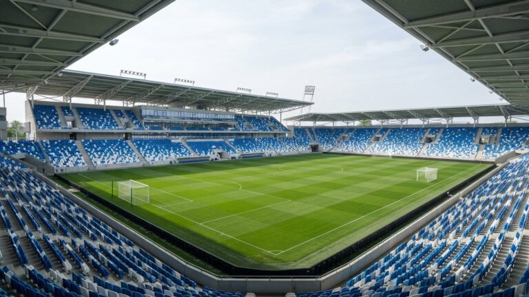 Moderní fotbalový stadion s modrobílými sedačkami a čtyřmi krytými tribunami