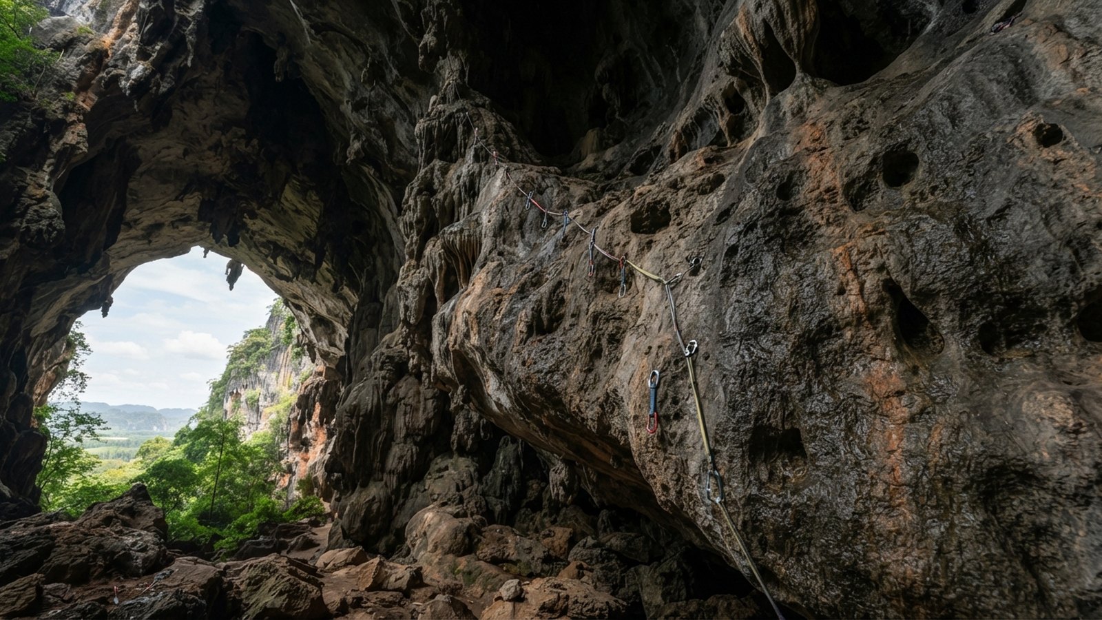 Převislá vápencová stěna v jeskyni s jistícími body lezecké cesty