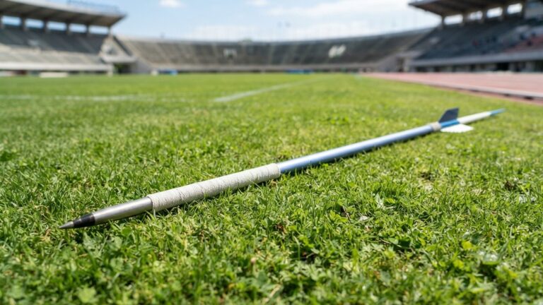Oštěp ležící na travnaté ploše stadionu