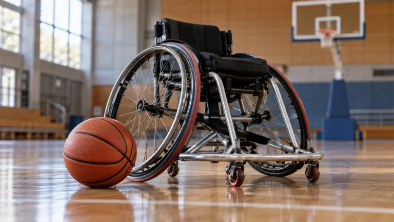 Basketbalový míč vedle sportovního vozíku – AI ilustrace