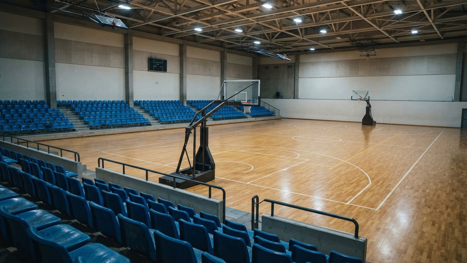 Prázdná menší basketbalová hala s dřevěnou palubovkou a jednou tribunou