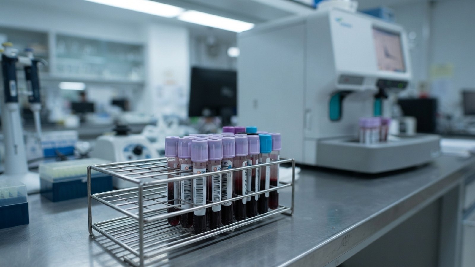Zkumavky s krevními vzorky ve stojanu v laboratoři