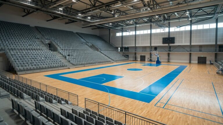 Sportcentrum s modrým povrchem a prázdnými tribunami