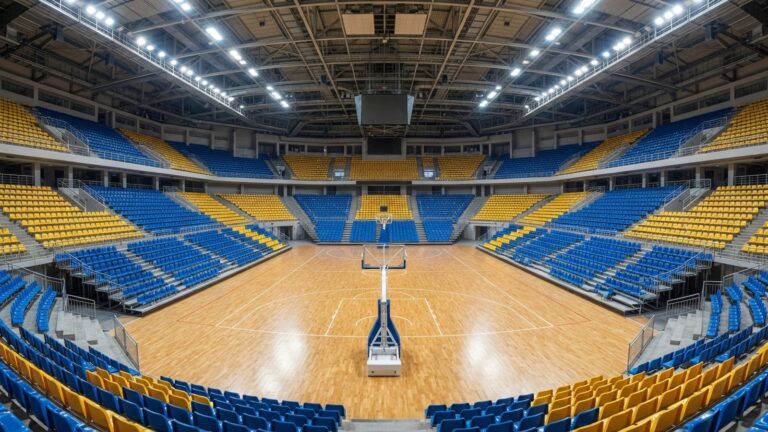 Basketbalová hala se žlutomodrými sedadly