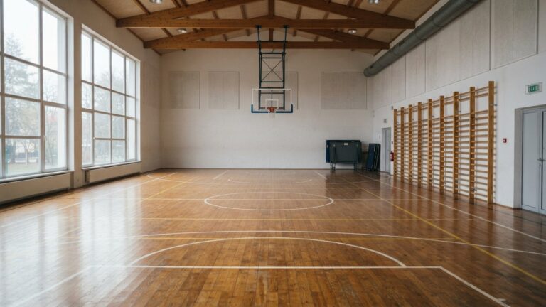 Menší městská tělocvična s basketbalovými koši