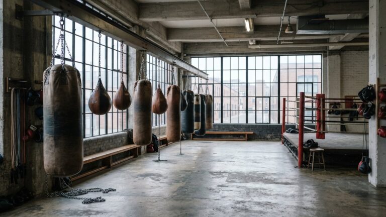Boxerská tělocvična s řadou pytlů