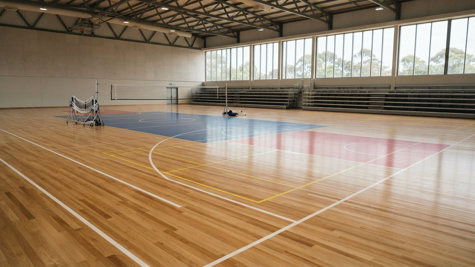 Podlaha sportovní haly s vyznačenými čarami