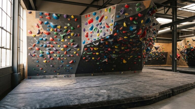 Boulderová stěna s barevnými chyty a žíněnkami