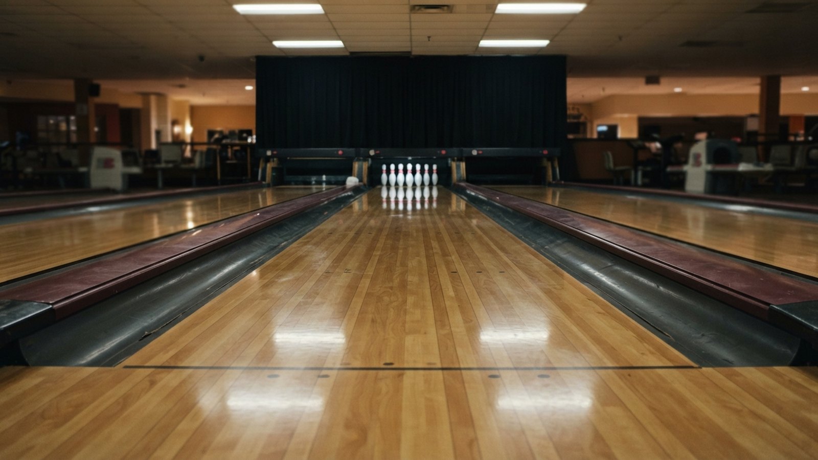 Bowlingová dráha od přestupové čáry s postavenými kuželkami