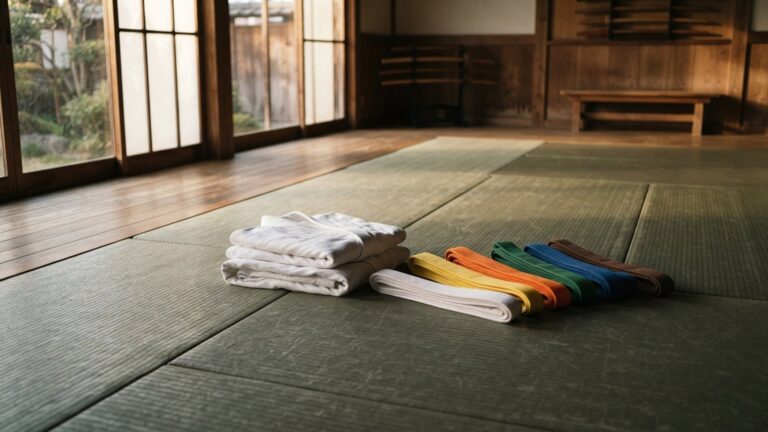 Složené kimono a barevné pásky na tatami