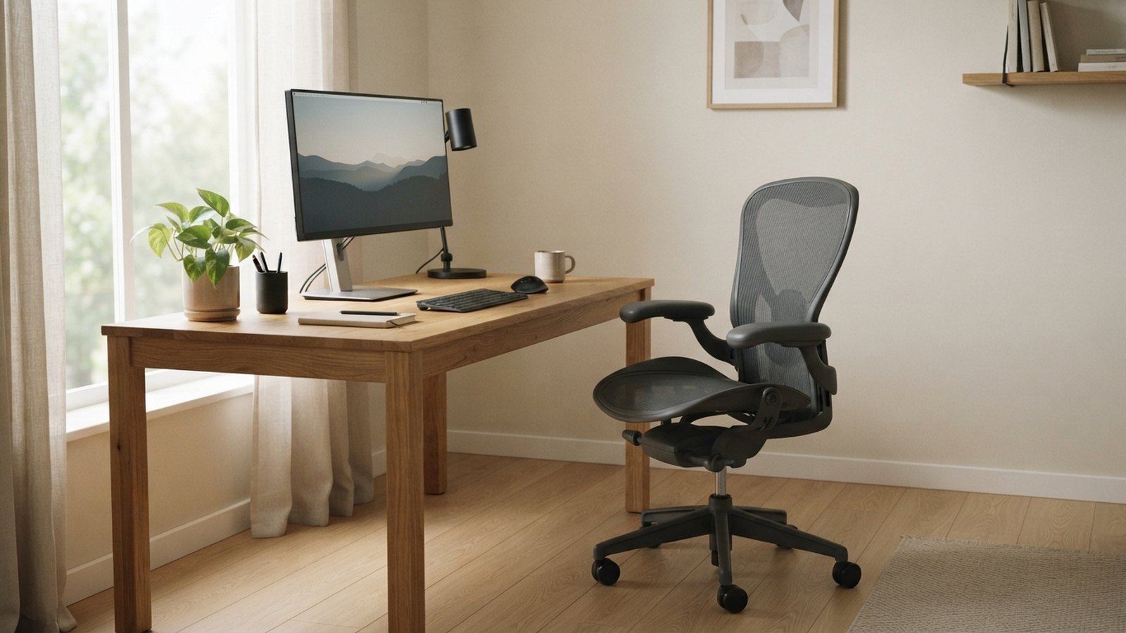 Prázdná kancelářská židle u stolu s monitorem