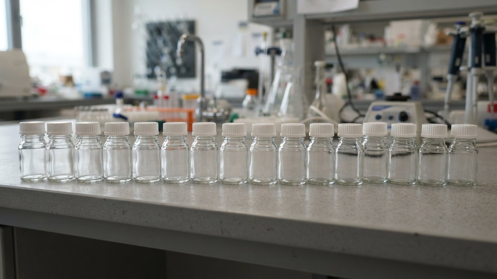 Řada prázdných odběrových nádobek na laboratorním stole