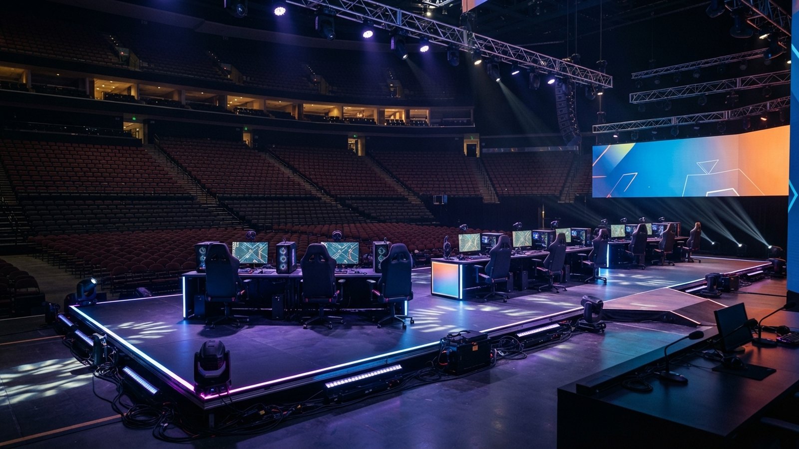 Prázdné závodní pódium pro esport s řadami stolů a monitorů