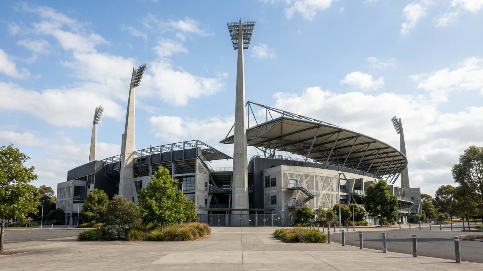 Moderní fotbalový stadion s vysokými betonovými osvětlovacími věžemi