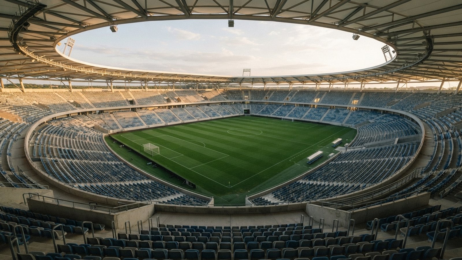 Prázdný fotbalový stadion se čtyřmi zastřešenými tribunami