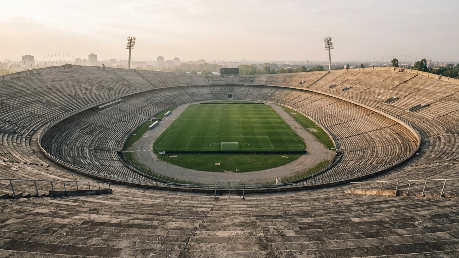 Velký prázdný fotbalový stadion s betonovými ochozy z horní tribuny