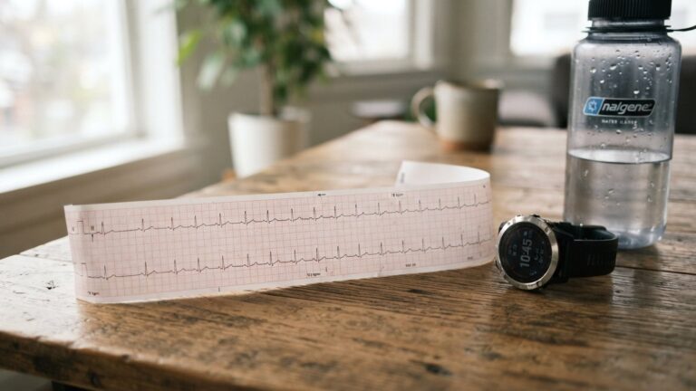 Záznam elektrokardiogramu na stole vedle sportovních hodinek