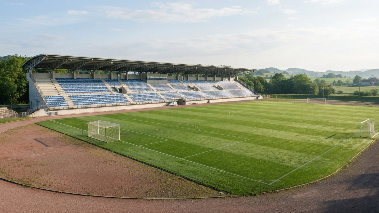 Prázdný fotbalový stadion s dlouhou hlavní tribunou