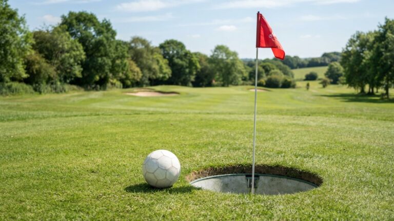 Fotbalový míč u footgolfové jamky s praporkem