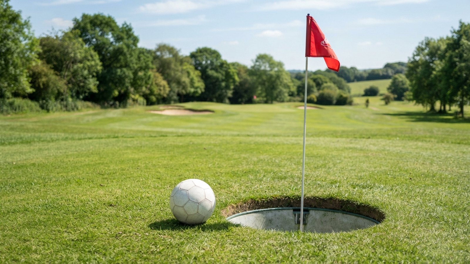 Fotbalový míč u footgolfové jamky s praporkem