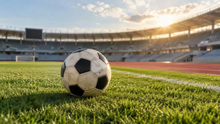 Fotbalový míč na stadionu s atletickou dráhou – AI ilustrace