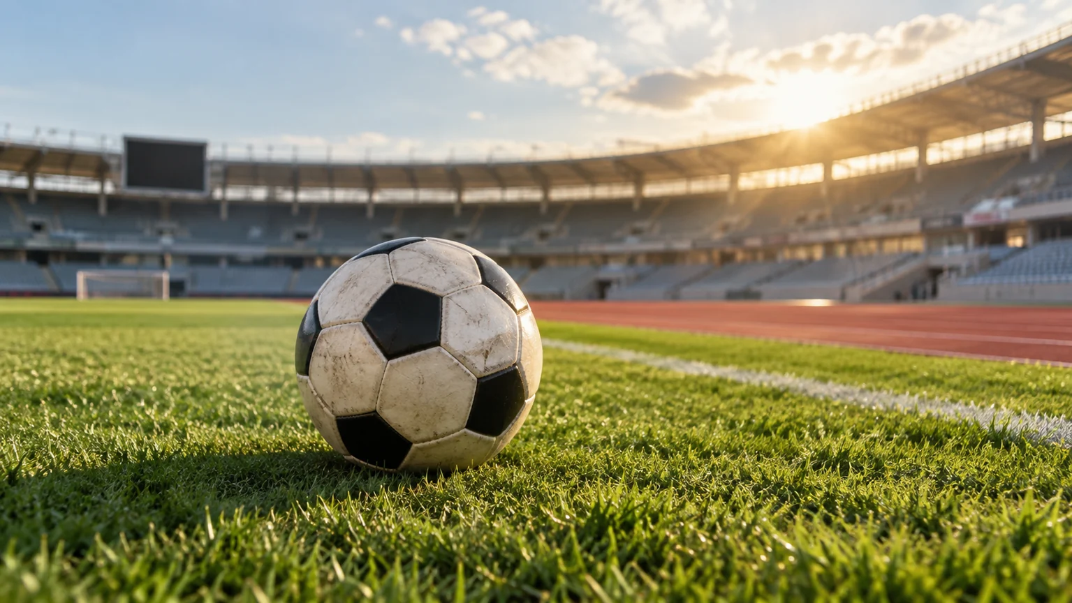 Fotbalový míč na stadionu s atletickou dráhou – AI ilustrace