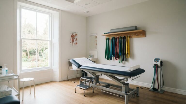 Prázdná fyzioterapeutická ordinace s lehátkem a cvičebními pomůckami