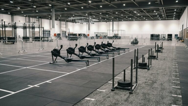 Hala připravená na fitness závod s trenažéry a saněmi