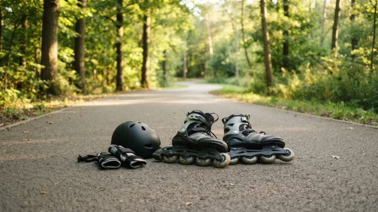 Inline brusle s chrániči zápěstí a přilbou na prázdné cyklostezce