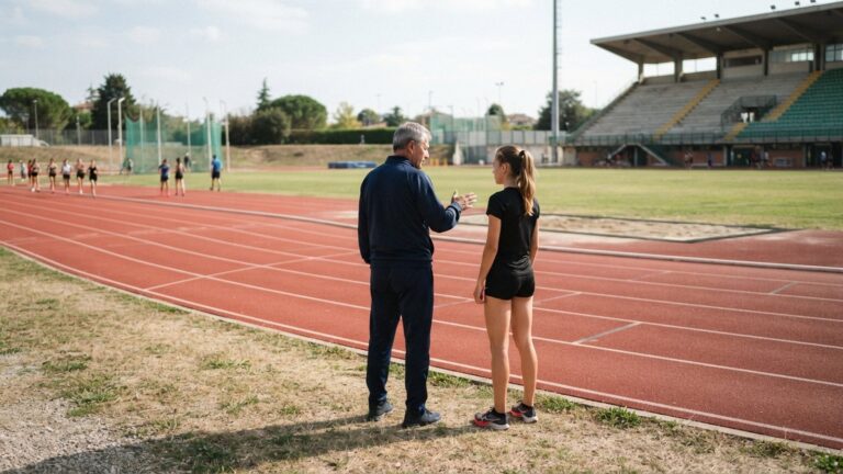 Rozhovor trenéra se sportovcem u atletické dráhy