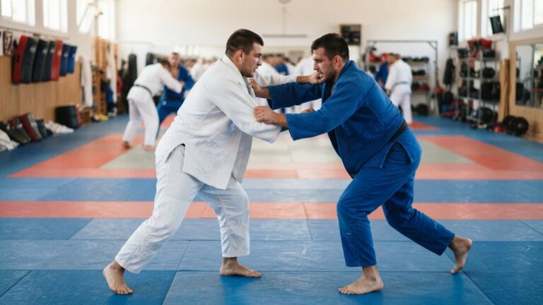 Dva judisté v úchopu na tatami
