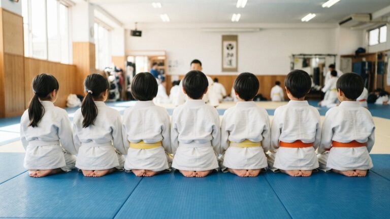 Děti v kimonech sedí v řadě na tatami