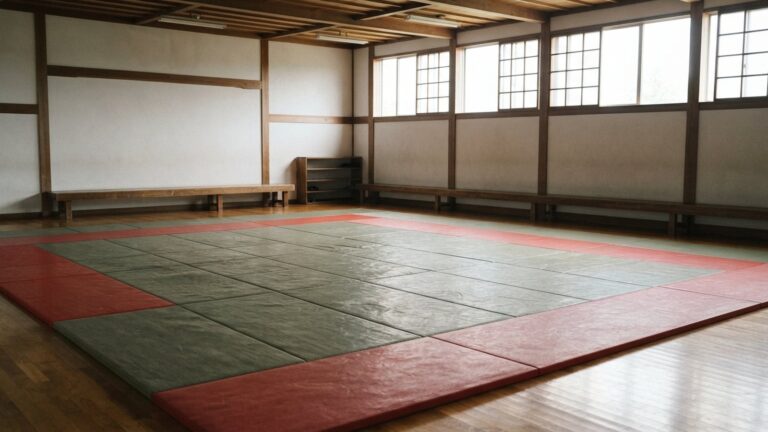 Judistická hala s červeně lemovanými tatami