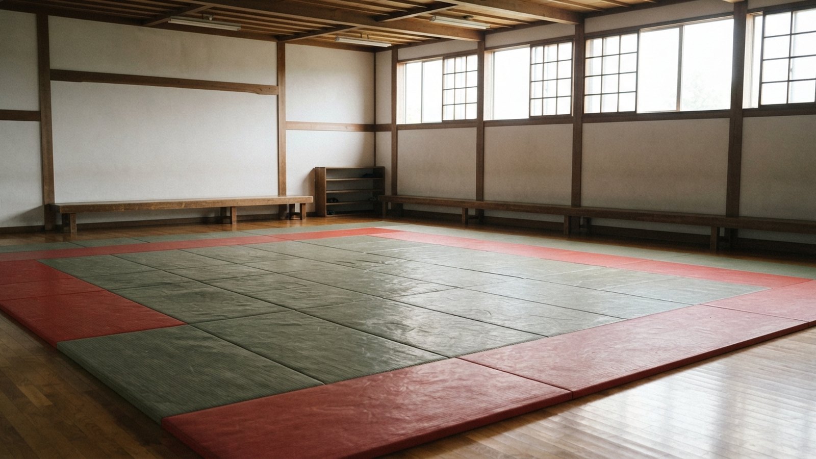Judistická hala s červeně lemovanými tatami