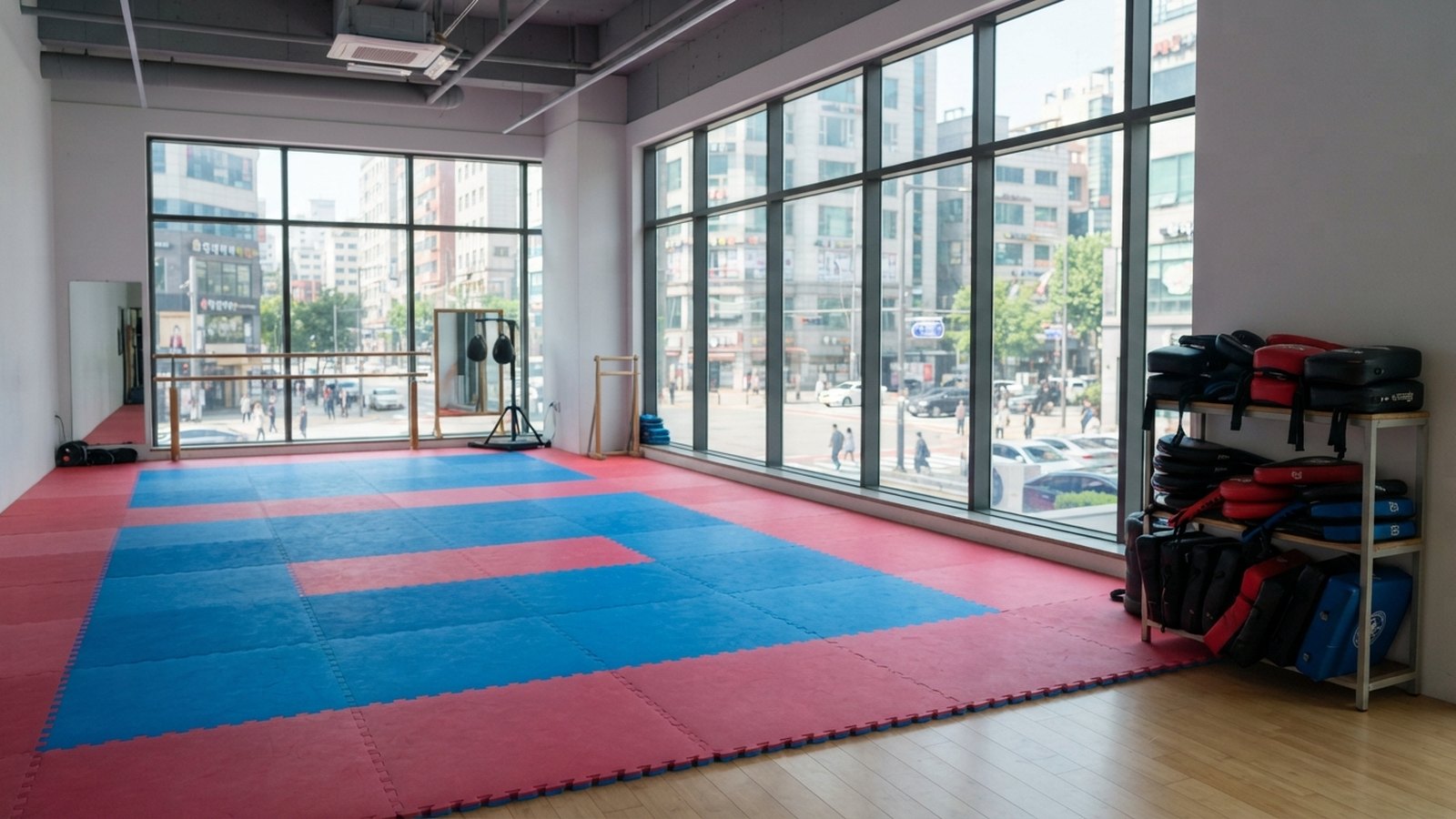 Taekwondo dojang s modročervenými žíněnkami