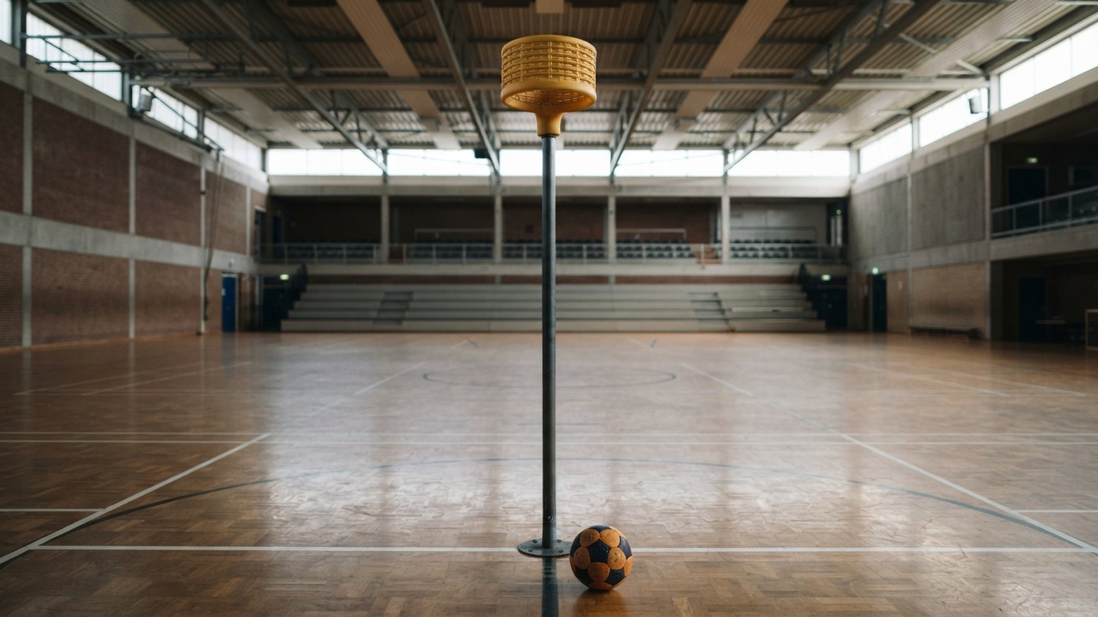 Korfbalový koš na tyči ve sportovní hale