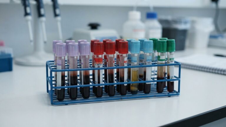 Zkumavky s krevními vzorky ve stojanu na laboratorním stole