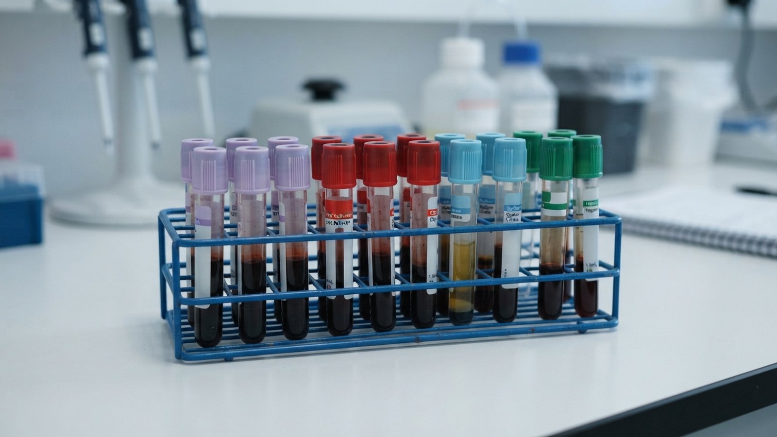 Zkumavky s krevními vzorky ve stojanu na laboratorním stole
