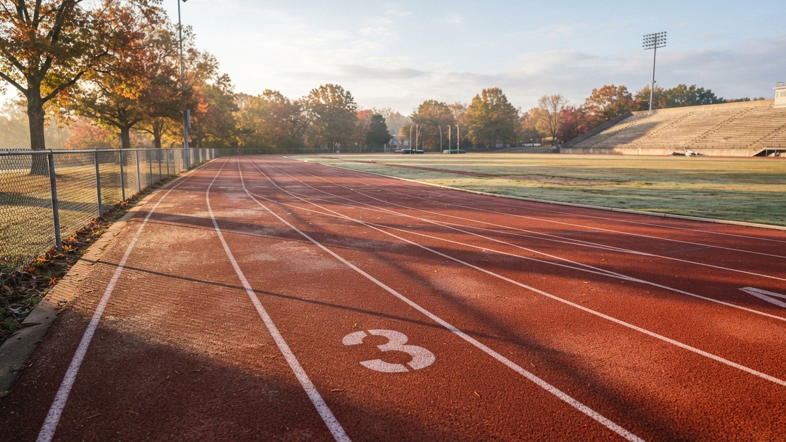 Prázdná dráha atletického stadionu za ranního světla
