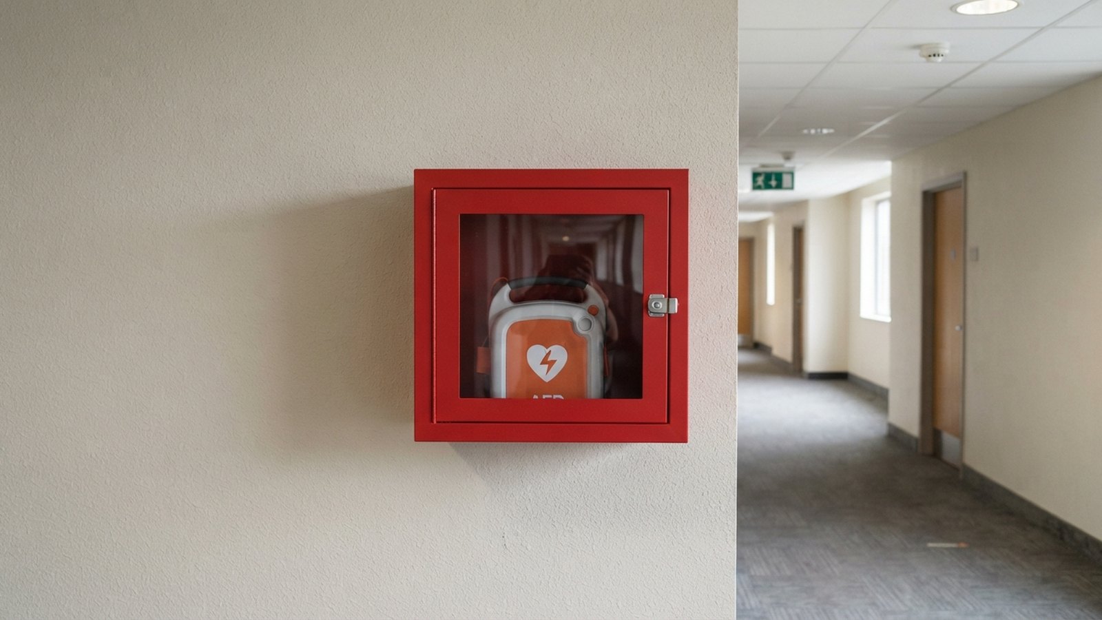 Skříňka s automatickým defibrilátorem na chodbě