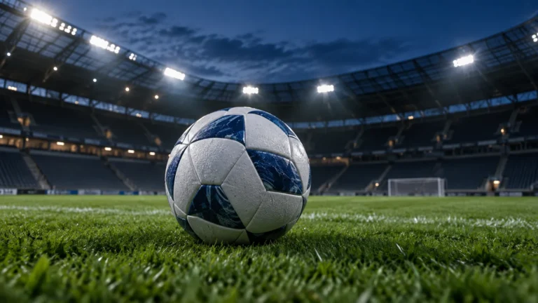Fotbalový míč na osvětleném stadionu – AI ilustrace