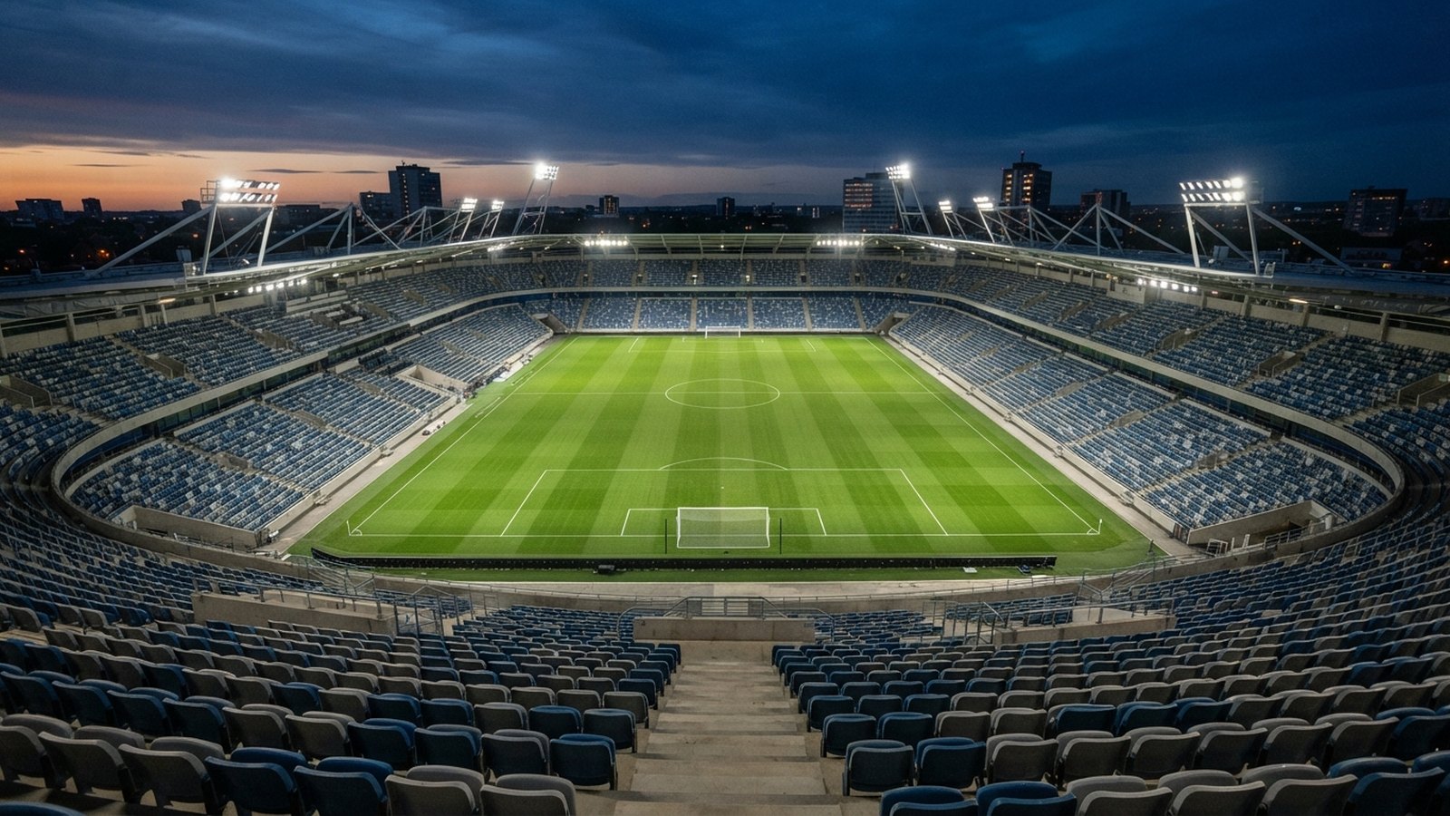 Prázdný osvětlený fotbalový stadion za soumraku