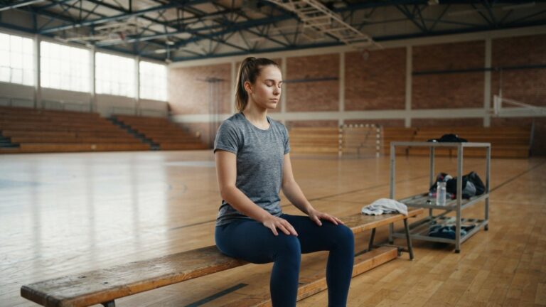Sportovec sedí se zavřenýma očima na lavici v prázdné hale