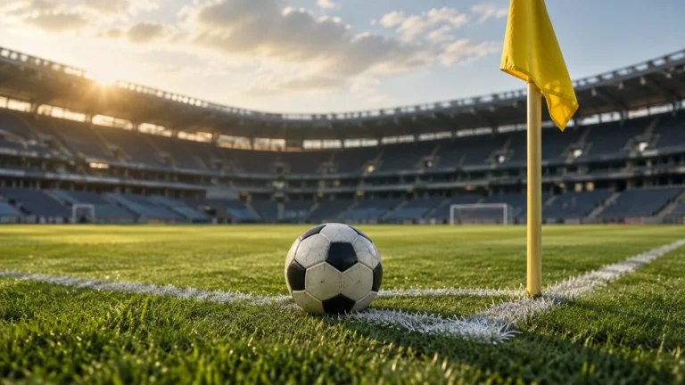 Míč u rohového praporku na fotbalovém stadionu – AI ilustrace