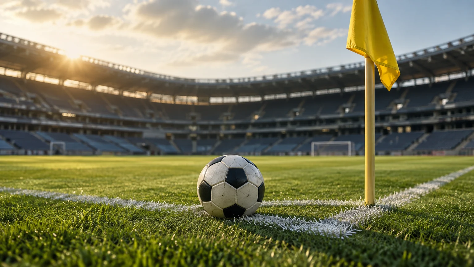 Míč u rohového praporku na fotbalovém stadionu – AI ilustrace