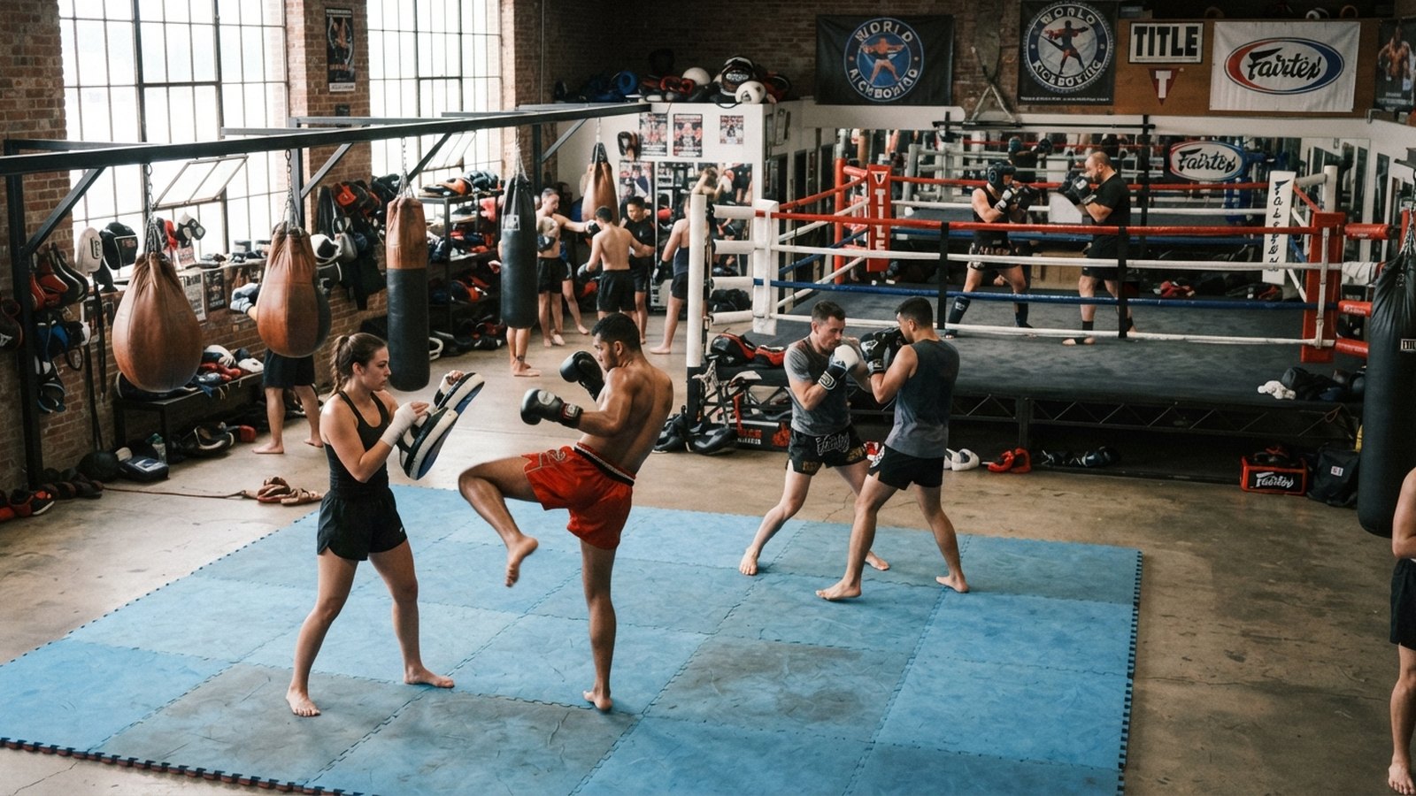 Kickboxerská tělocvična s ringem a tatami