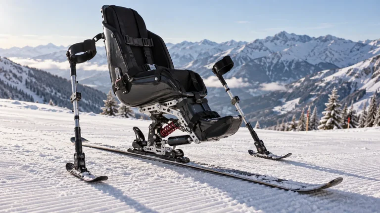 Monoski se sedákem a stabilizačními holemi na sněhu – AI ilustrace.