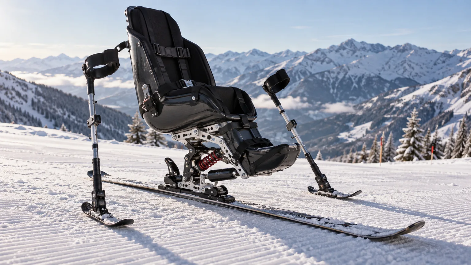 Monoski se sedákem a stabilizačními holemi na sněhu – AI ilustrace.