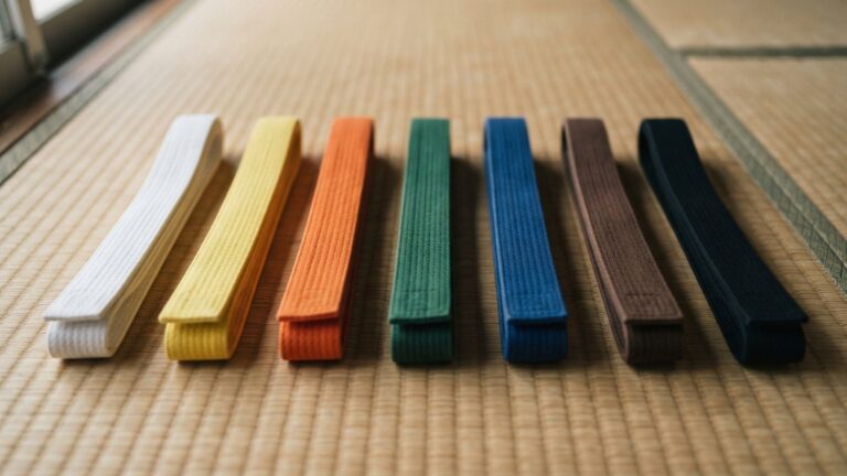 Judistické pásy různých barev položené vedle sebe na tatami
