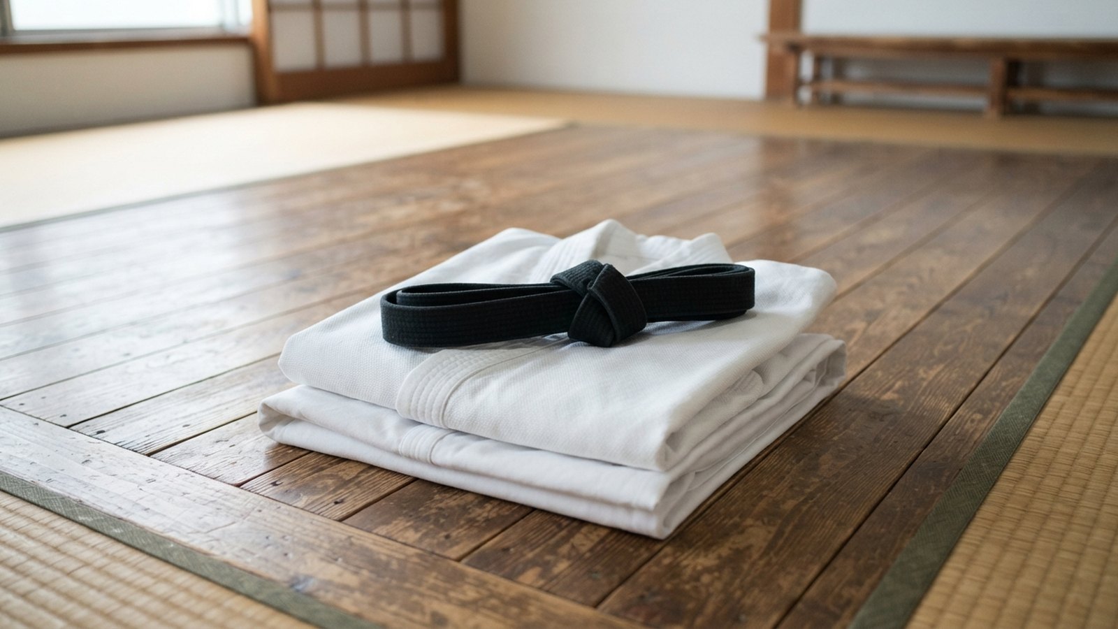 Složené karate kimono s černým pásem na podlaze dojo
